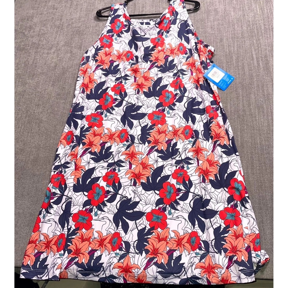 Columbia Chill River Printed Dress Womens 2X White Floral Stretch Round Neck